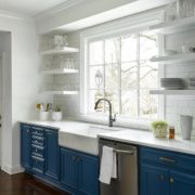 Blue Kitchen Cabinets with White Trim